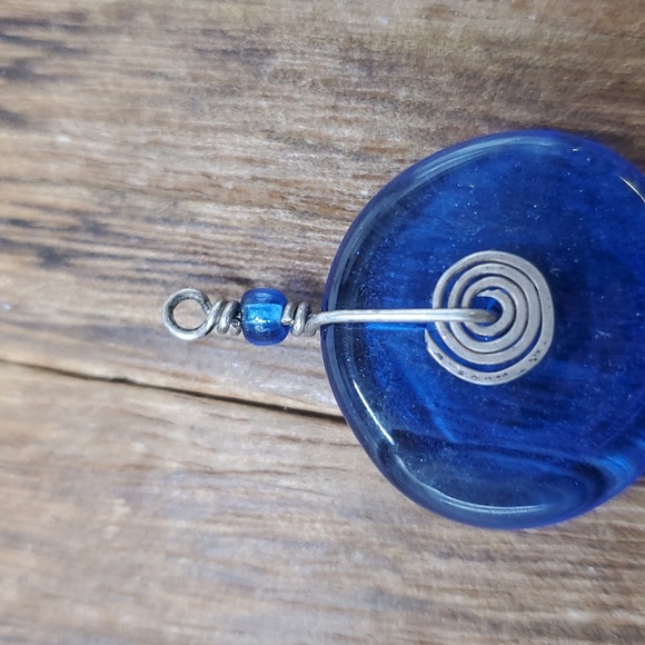P301 Sterling Blue Artisan Tribal Glass Swirl Pendant